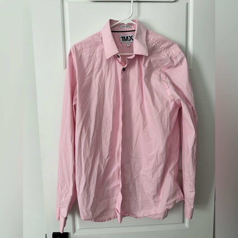 EXPRESS Men 1MX Light Pink Extra Slim Fit Stretch Front Button Shirt XL